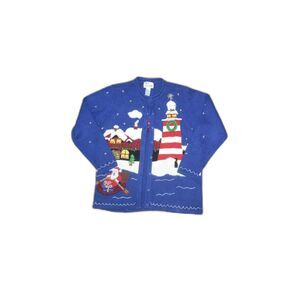 The Quacker Factory Lighthouse Christmas Snow Santa Holidays 90s y2k Cardigan